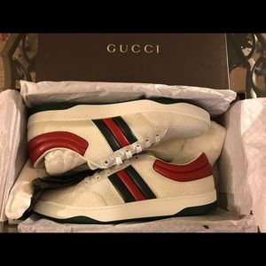 New Gucci Ace Web White Red Green Leather Sneakers